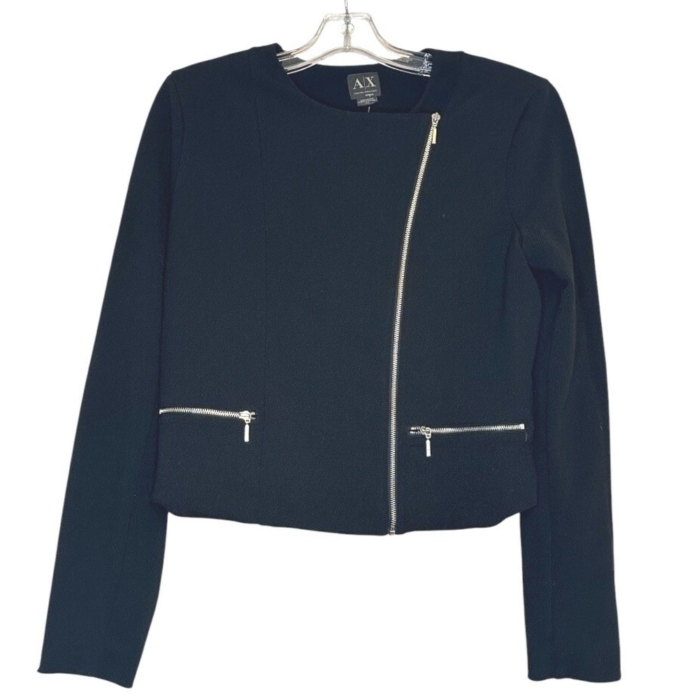 Armani Exchange Moto Jacket Women Black Asymmetrical Zip Textured Crepe Chic L
